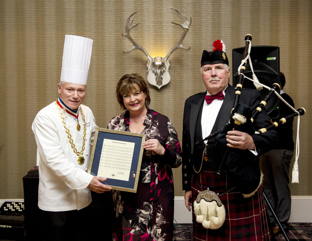 Christian Tetedoie, President of the Master Chefs of France: Fiona Hyslop, Cabinet Secretary for Culture & Tourism and Pipe Major Donald Glass